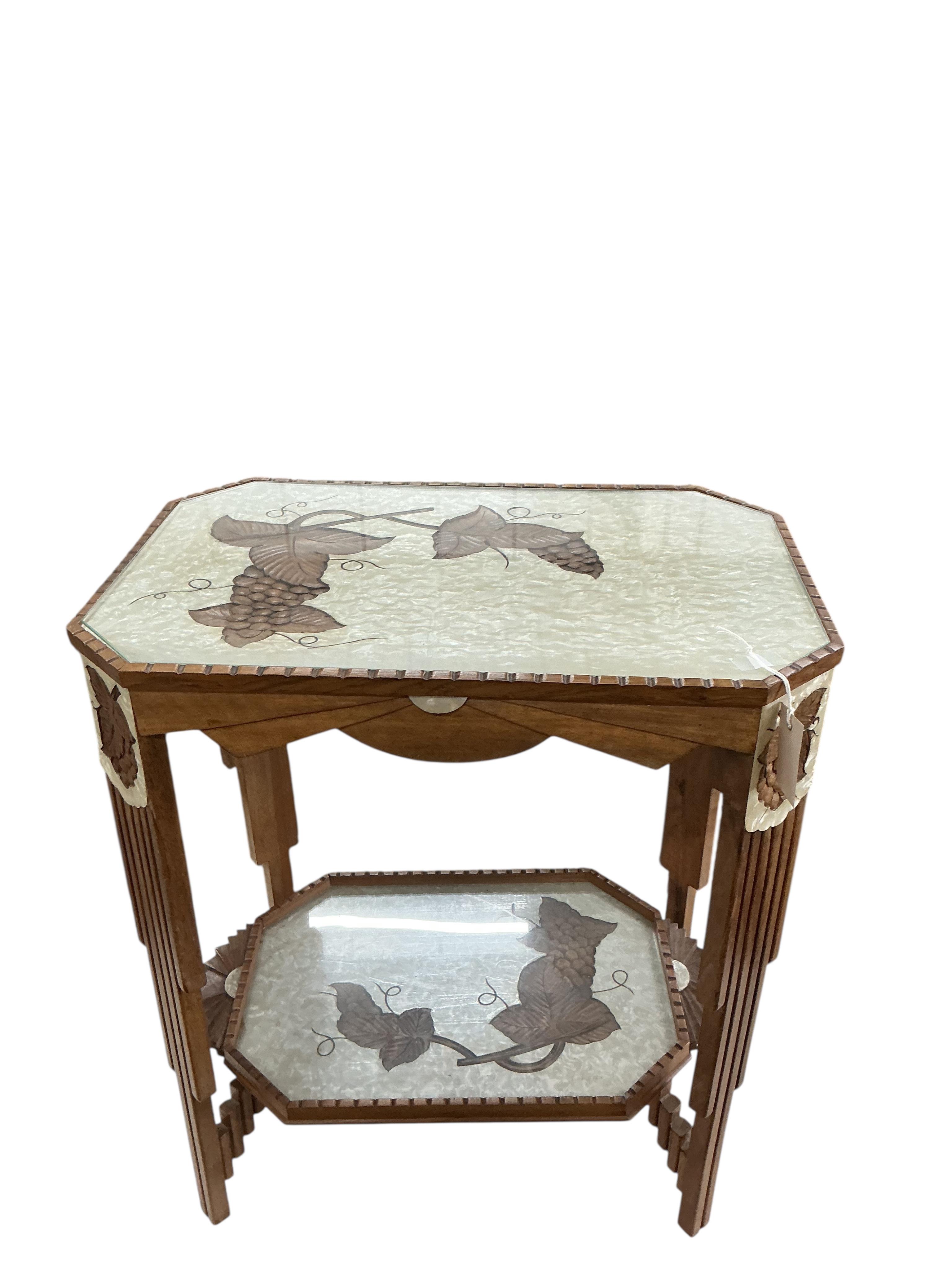 A French Art Deco faux mother of pearl and walnut two tier table, width 60cm, depth 40cm, height 68cm